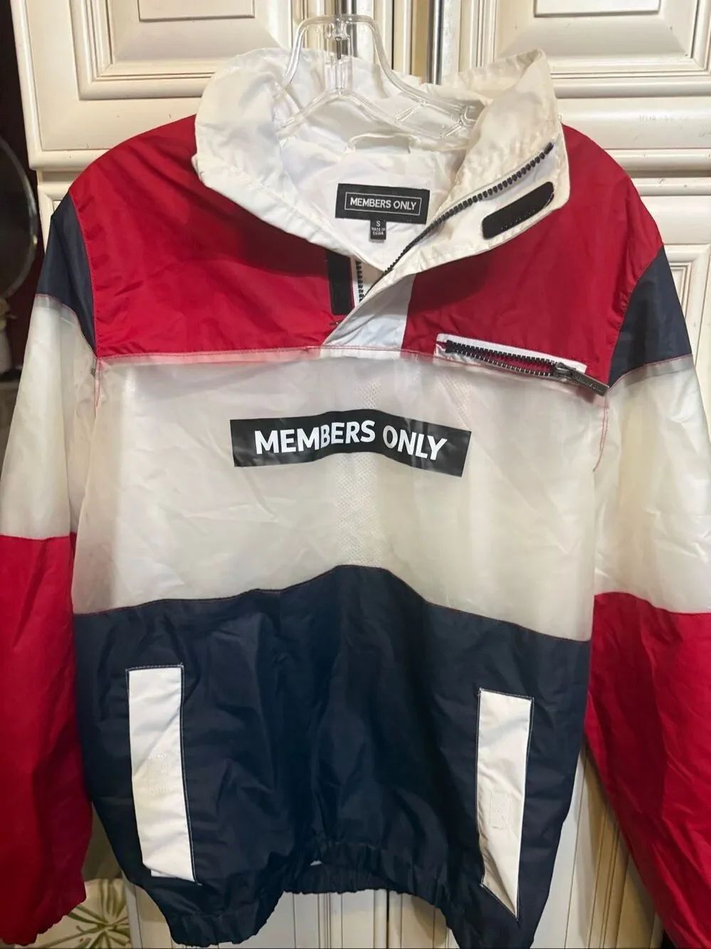 Members Only Men's Colorblock Translucent Half-Zip Windbreaker Red White Small